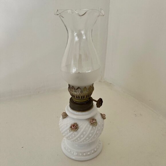 Antique Other - 1950s White Hobnail Milk Glass Pink Roses Antique Mini Kerosene Oil Lamp MCM